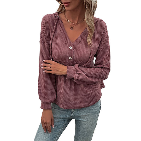 Damen Waffelstrick-Hoodie-Bluse mit V-Ausschnitt, Knopfleiste und geraffter Taillenpasse Shop Nory