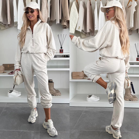 Damen kuscheliger Freizeit-Jogginganzug mit halbem Reißverschluss, Kängurutasche und elastischen Bündchen Shop Nory