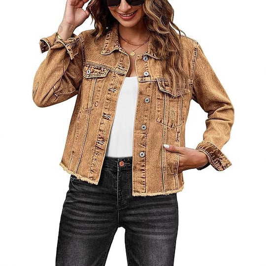 Damen Kurz geschnittene Denim-Jacke mit fransigem Saum und Brusttaschen Shop Nory