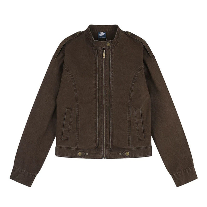 Damen Kurz geschnittene Utility-Jacke mit Stehkragen und Schulterklappen Shop Nory