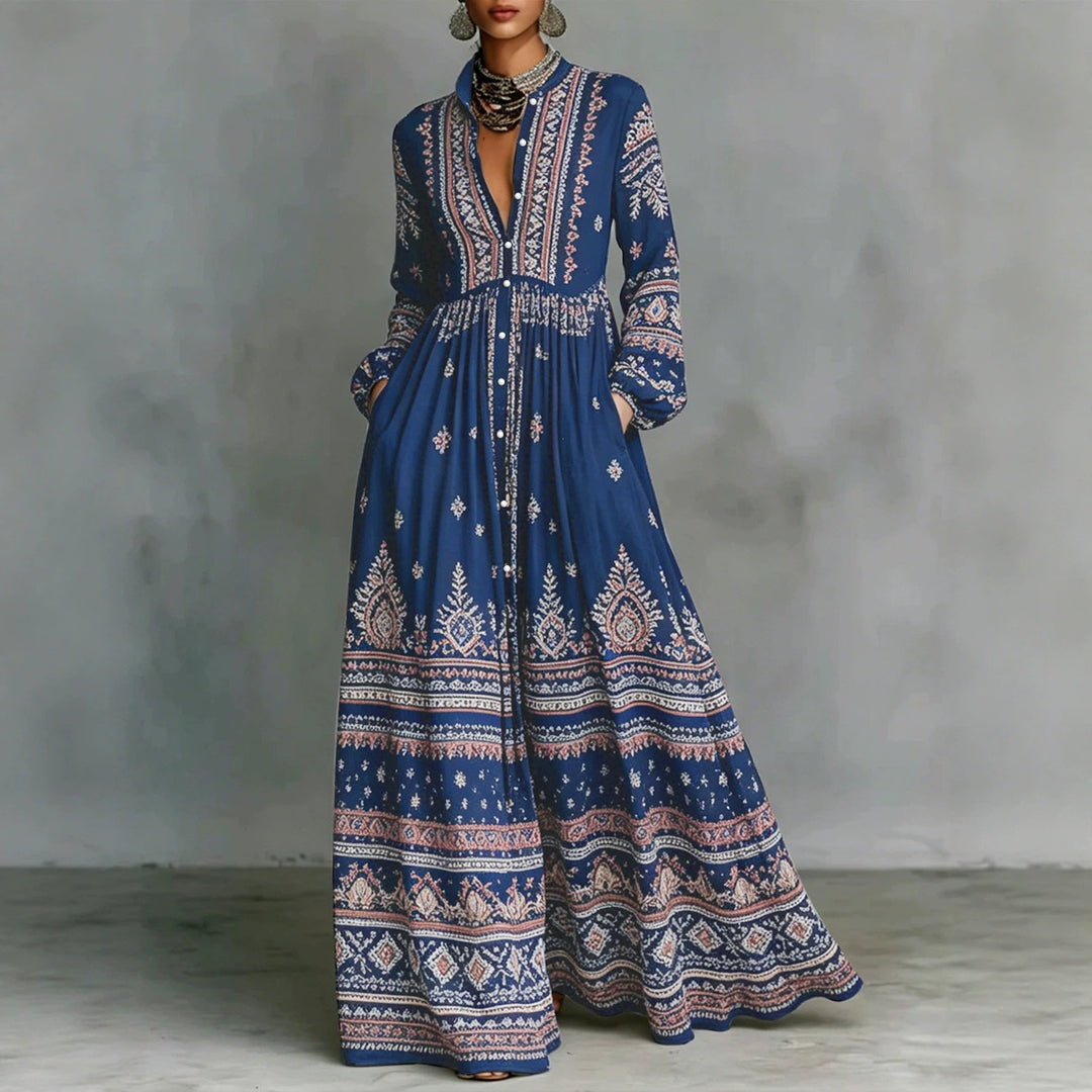 Damen Boho-Maxi-Hemdkleid mit Stickbordüren, hoher Stehkragen und Taschen Shop Nory