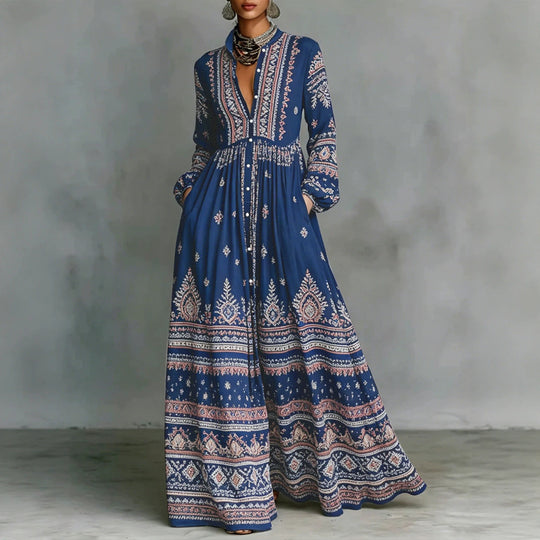 Damen Boho-Maxi-Hemdkleid mit Stickbordüren, hoher Stehkragen und Taschen Shop Nory