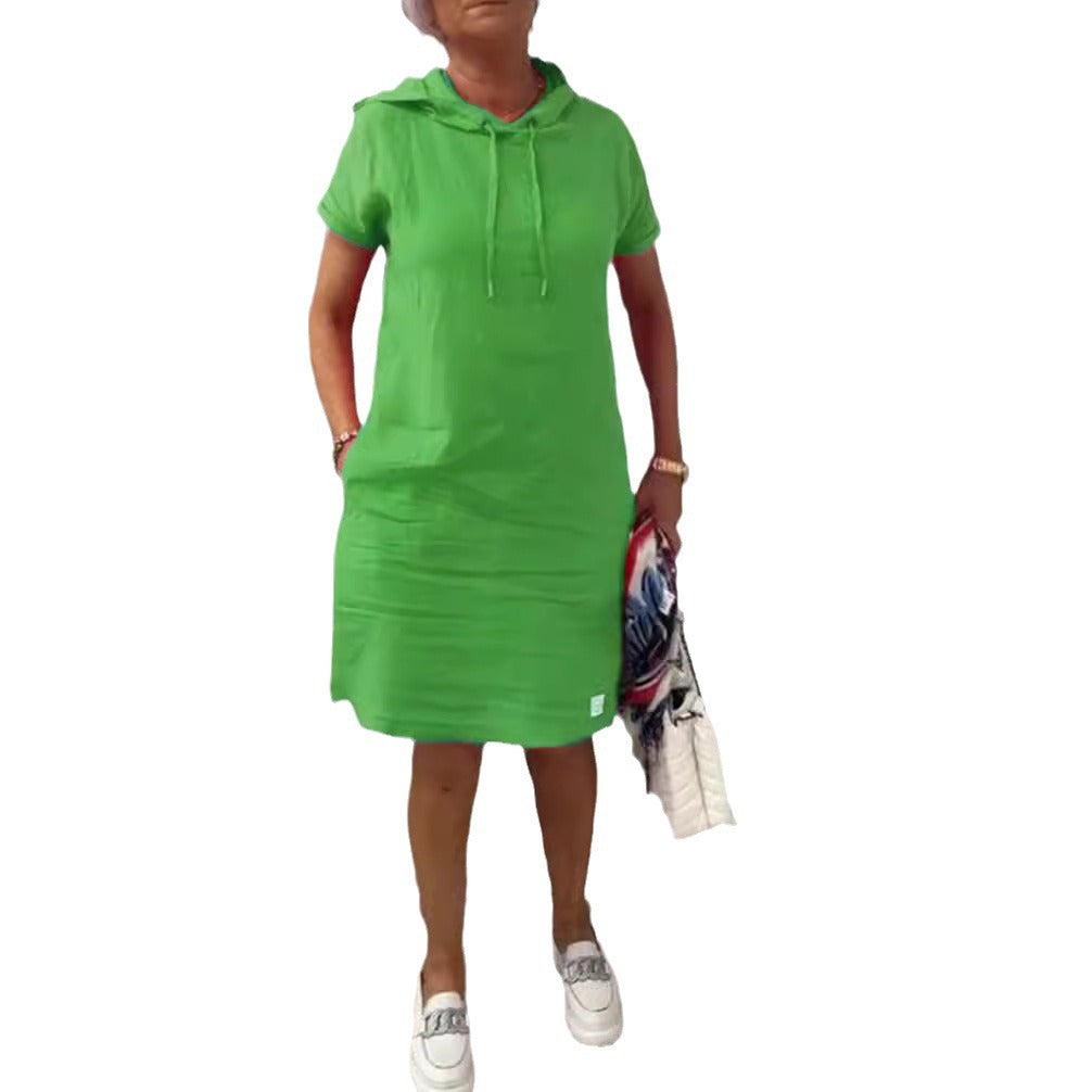 Damen nan legeres Kapuzenkleid mit kurzem Ärmel, geradem Schnitt und Kordelzug