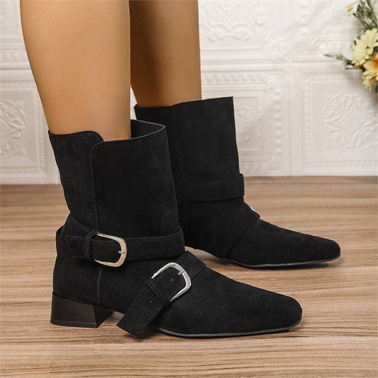 Damen Biker-inspirierte Mid-Boots aus Velourslederoptik mit spitzer Kappe und verstellbaren Gürtelschnallen Shop Nory
