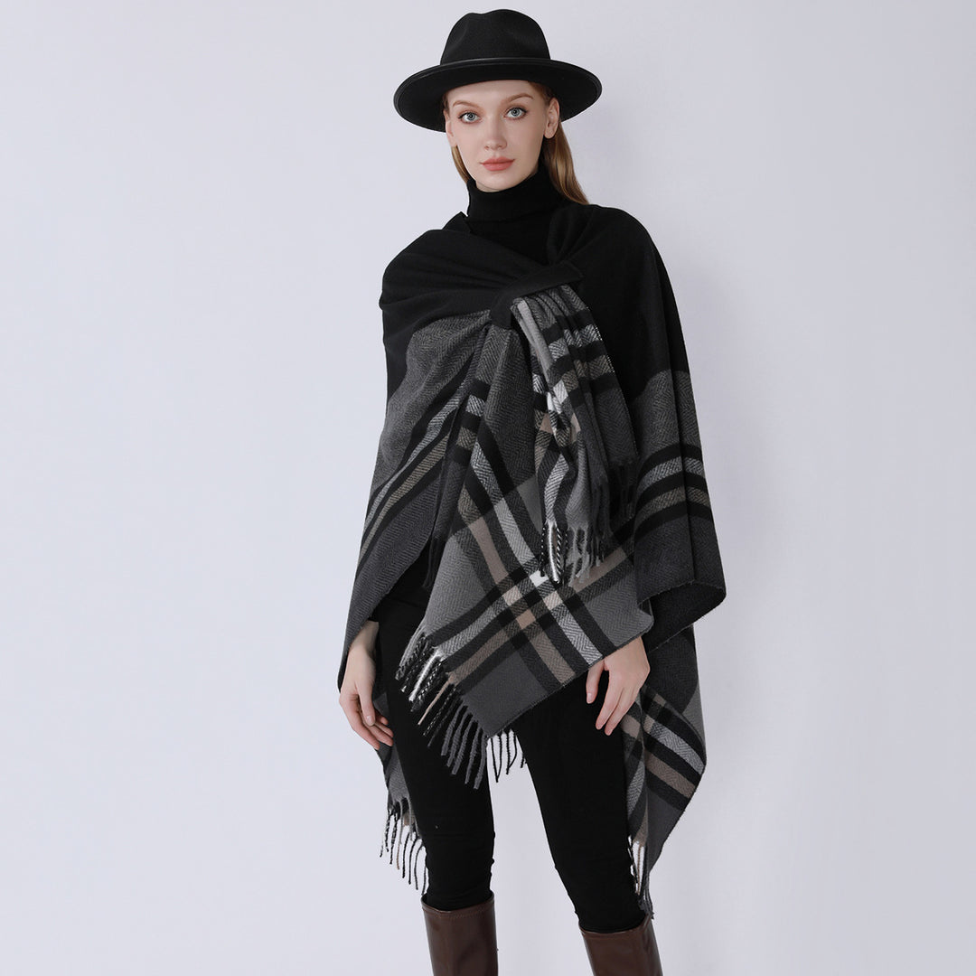 Damen Revers‑Cape aus Wollmischung mit Bindegürtel und Karomuster Shop Nory