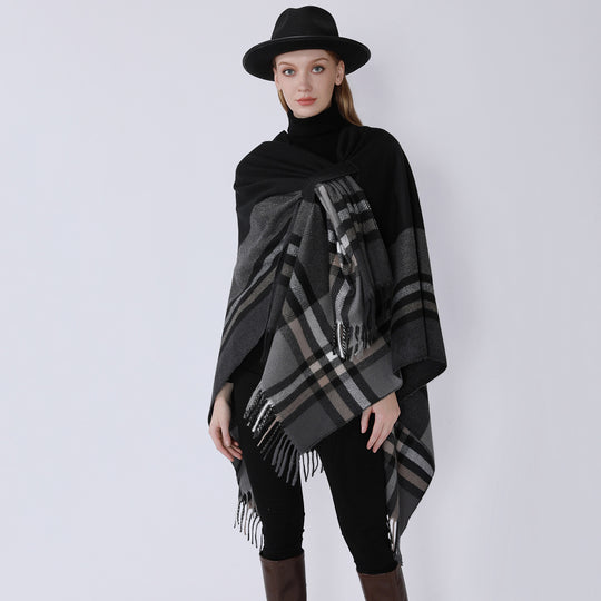 Damen Revers‑Cape aus Wollmischung mit Bindegürtel und Karomuster Shop Nory
