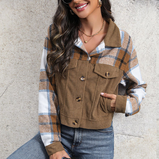 Damen Modische Karo-Cordjacke Shop Nory