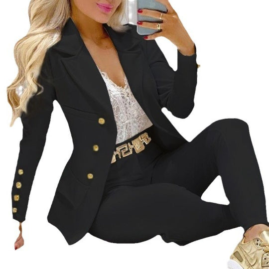 Damen nan tailliertes Doppelreiher-Blazer-Set mit goldknopf-Detail und hochtaillierter Slimhose Shop Nory