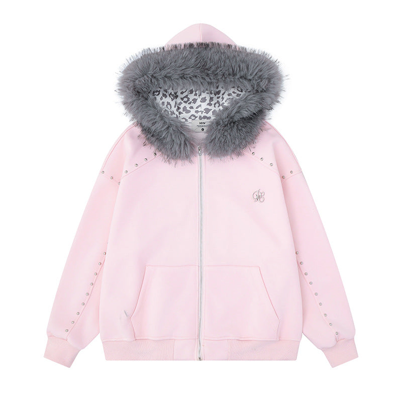 Damen Kapuzen-Sweatjacke mit Kunstfellbesatz, Leo-Innenfutter und Zier-Nieten Shop Nory