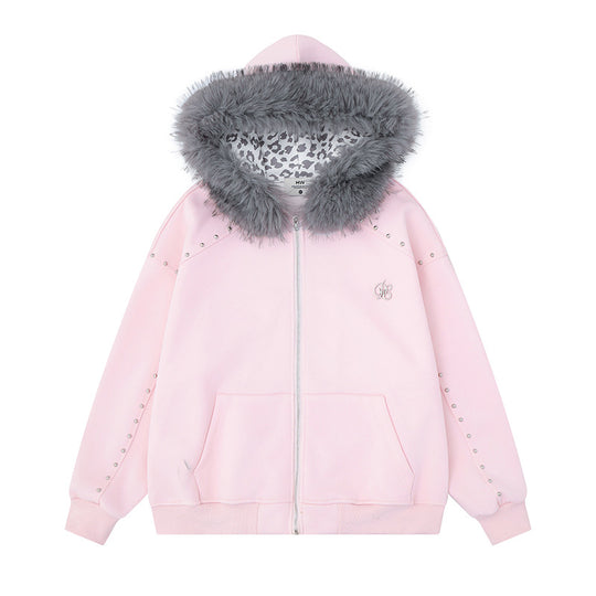 Damen Kapuzen-Sweatjacke mit Kunstfellbesatz, Leo-Innenfutter und Zier-Nieten Shop Nory