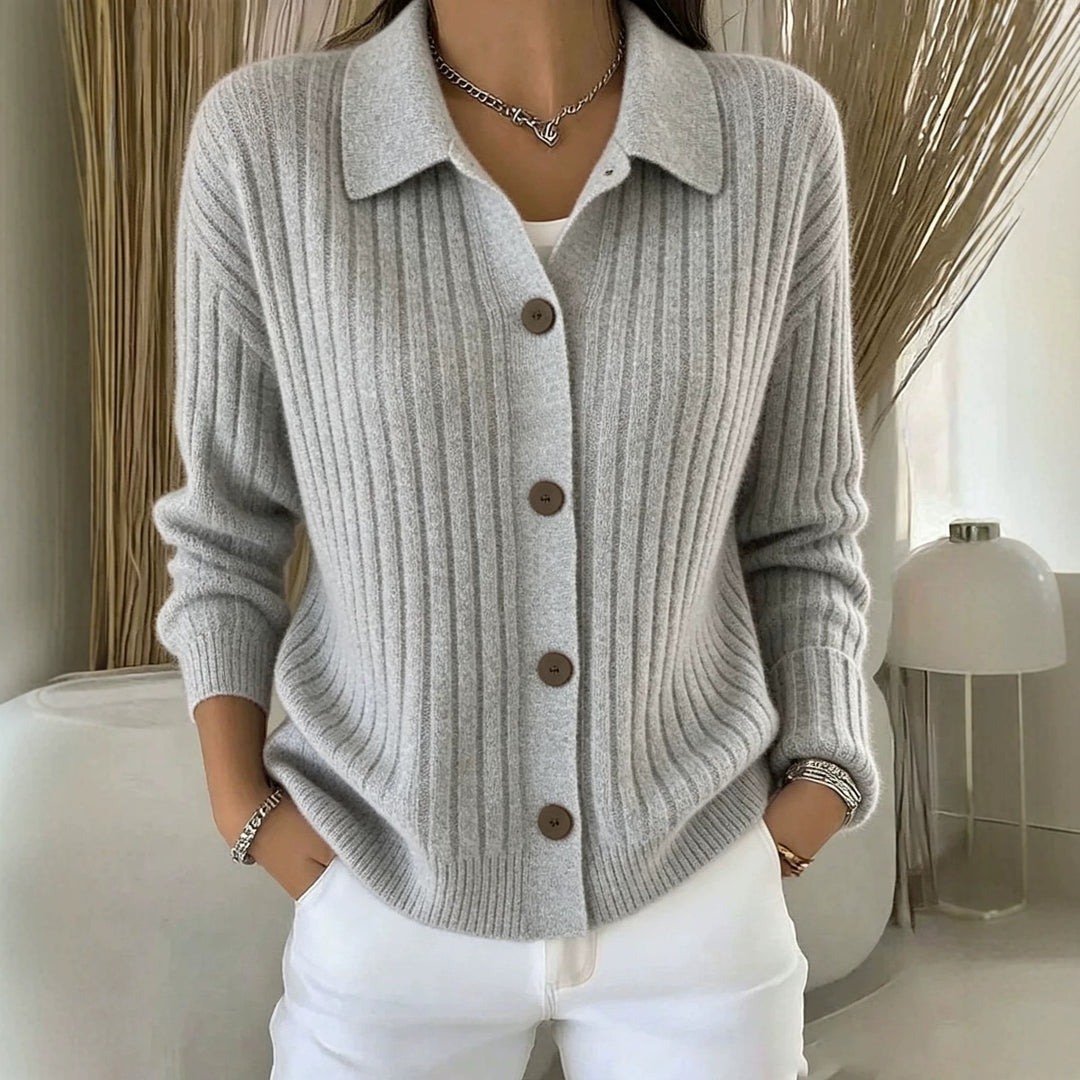 Damen Feiner gerippter Knopf‑Cardigan mit Hemdkragen und kastiger Silhouette Shop Nory