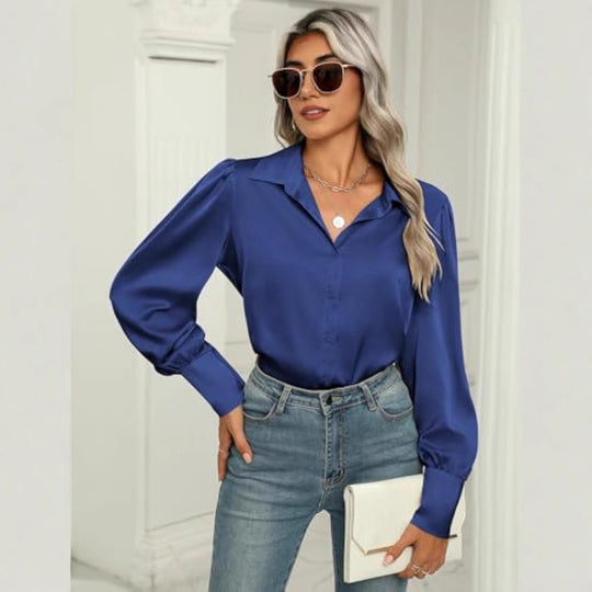 Damen Seidenoptik-Bluse mit Hemdkragen, verdeckter Knopfleiste und langen Manschetten Shop Nory