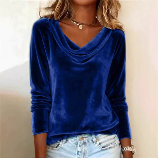 Damen Samt-Longsleeve mit Wasserfallkragen und legerem Schnitt Shop Nory