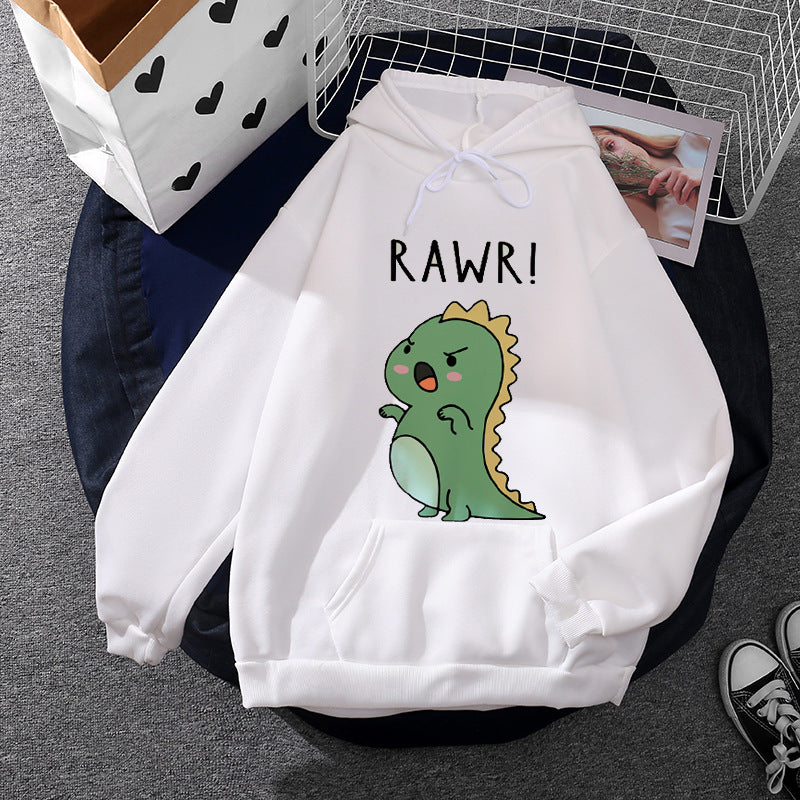Damen nan Oversize-Kapuzenpullover mit kawaii Dinosaurier-Motiv, gerippten Bündchen und Kängurutasche Shop Nory