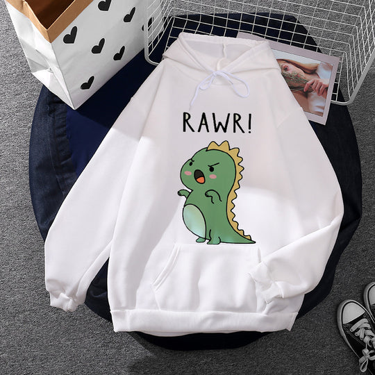 Damen nan Oversize-Kapuzenpullover mit kawaii Dinosaurier-Motiv, gerippten Bündchen und Kängurutasche Shop Nory