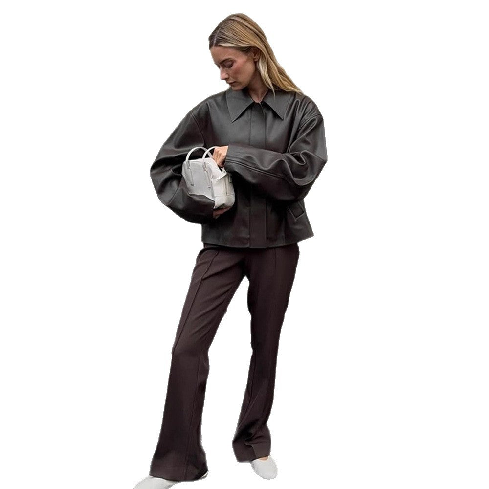 Damen Cropped Boxy Jacke aus Lederimitat mit übergroßem Kragen und verdeckter Reißverschlussleiste Shop Nory