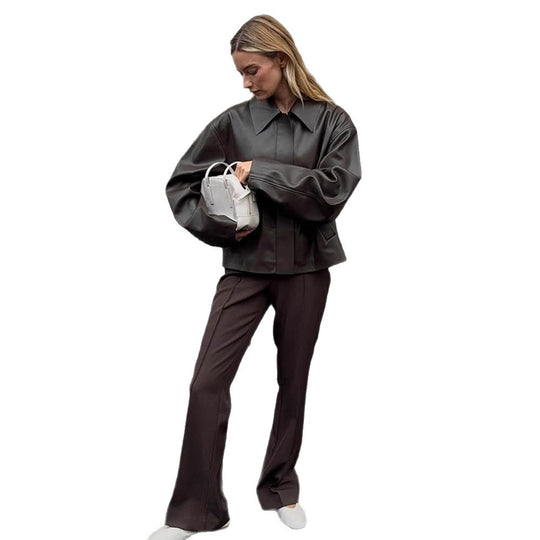 Damen Cropped Boxy Jacke aus Lederimitat mit übergroßem Kragen und verdeckter Reißverschlussleiste Shop Nory