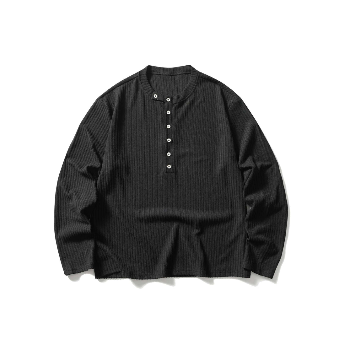 Unisex Gerippter Henley-Pullover mit Rundhals und durchgehender Knopfleiste Shop Nory