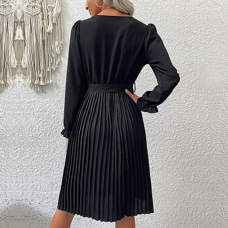 Damen Midikleid mit V-Ausschnitt, tailliertem Bindegürtel und plissiertem Tellerrock Shop Nory
