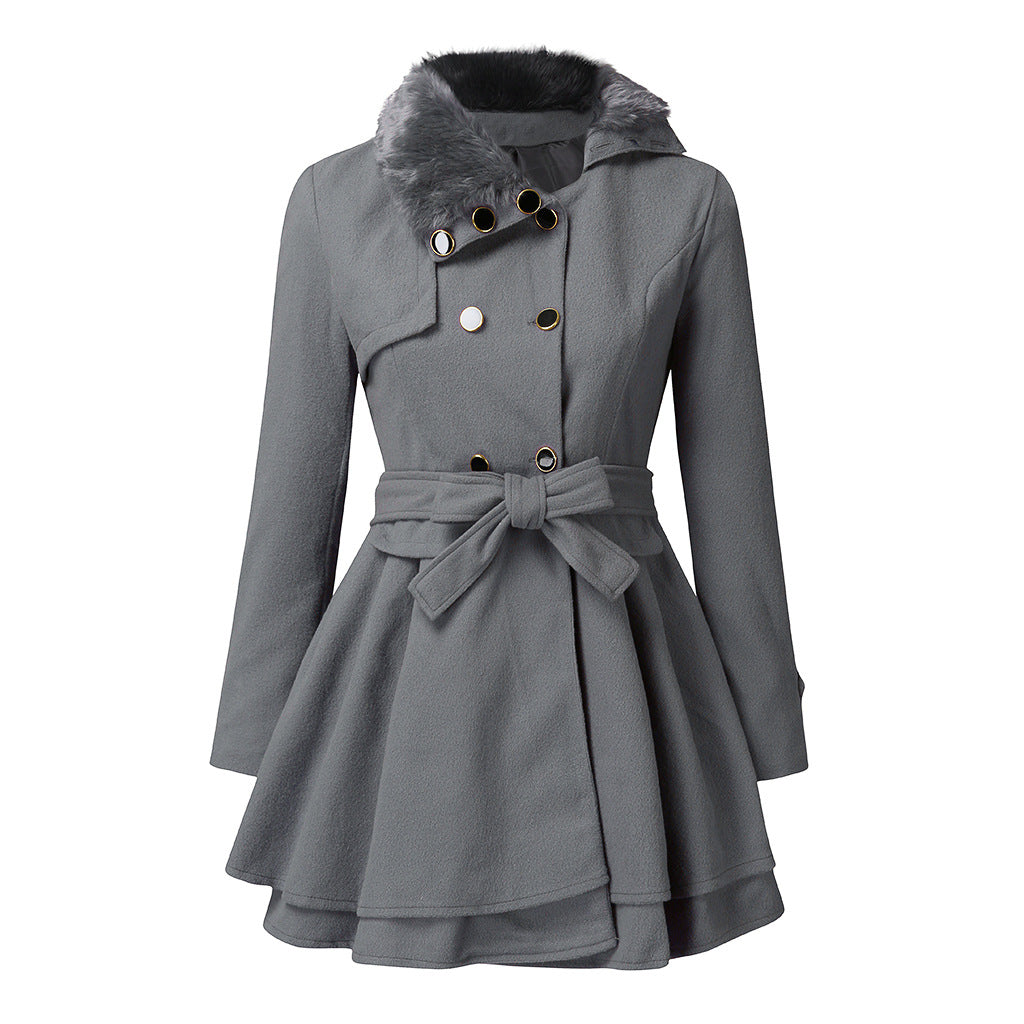 Damen Taillierter Wollmix-Mantel mit ausgestelltem Rock und Kunstfellkragen Shop Nory