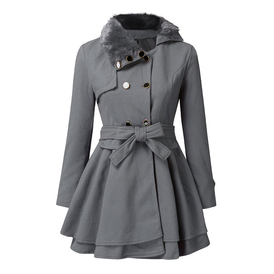 Damen Taillierter Wollmix-Mantel mit ausgestelltem Rock und Kunstfellkragen Shop Nory