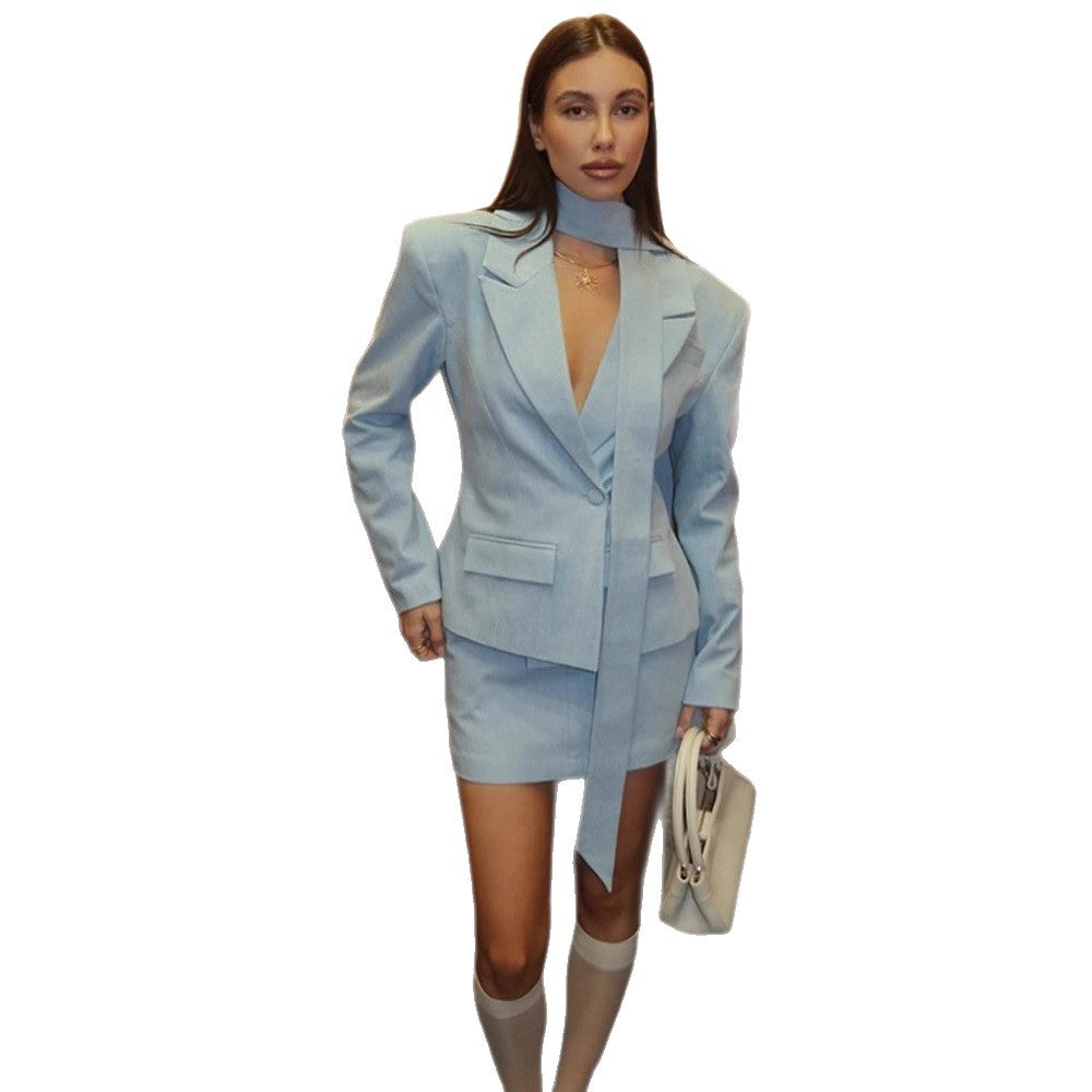 Damen Tailliertes Blazer-Minirock-Set mit Bindeschal, One-Button-Sakko und figurbetonter Silhouette Shop Nory