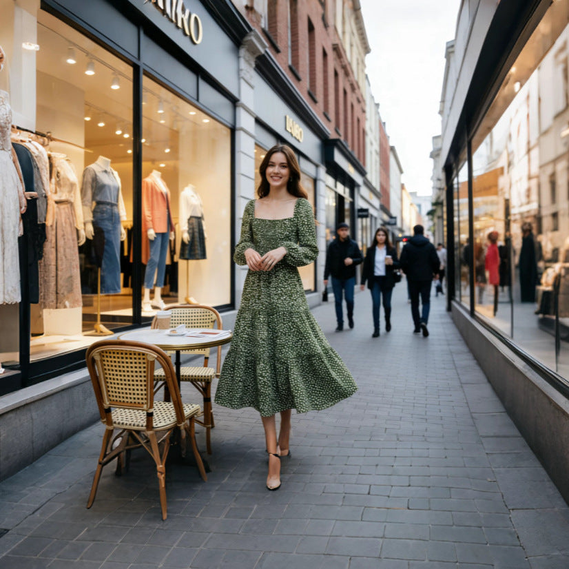 Damen Midikleid mit quadratischem Ausschnitt, gerafftem Rückenteil und Stufenrock Shop Nory
