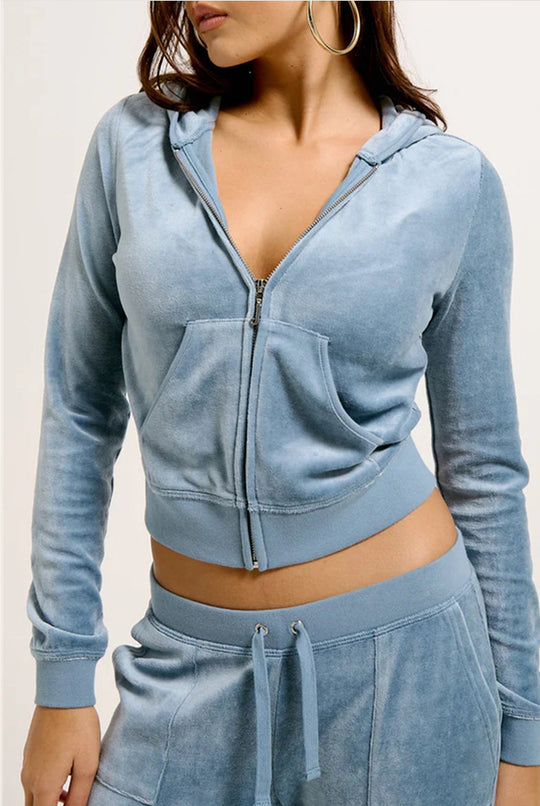 Damen Samtvelours Cropped-Zipjacke mit Kängurutasche und hochgeschnittener Bündchenhose Shop Nory