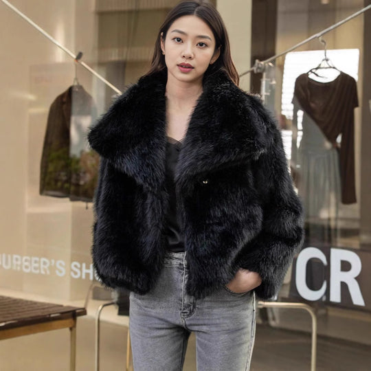 Damen Kurze Kunstfelljacke mit voluminösem Schalkragen Shop Nory