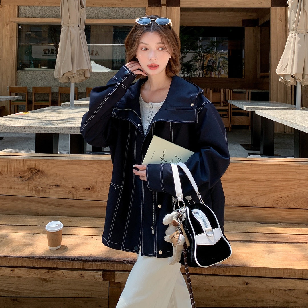 Damen Oversize-Übergangsjacke mit weitem Matrosenkragen und Kontrastnähten Shop Nory