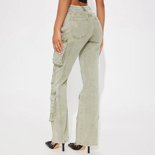 Damen High-Waist Cargo-Denimhose mit weitem Bein, Mehrfachtaschen und Used‑Details Shop Nory