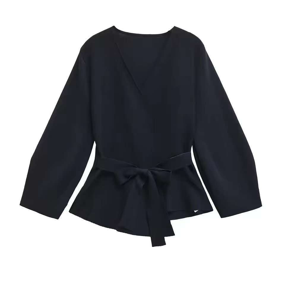 Damen Taillierte Bluse mit Wickelgürtel und Schößchen Shop Nory