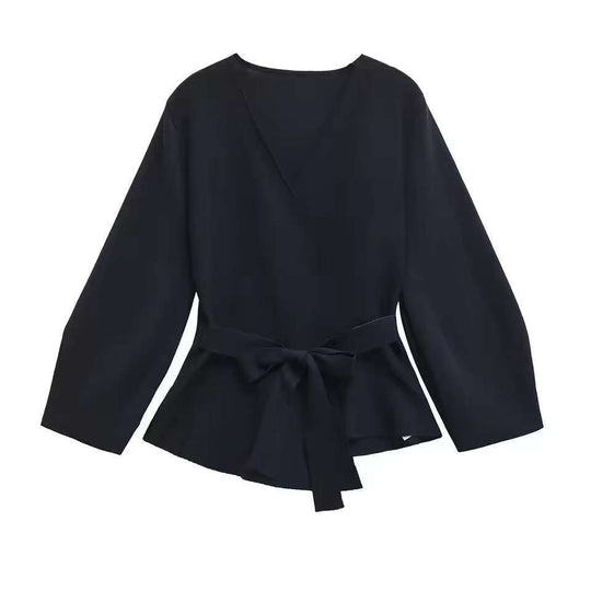Damen Taillierte Bluse mit Wickelgürtel und Schößchen Shop Nory