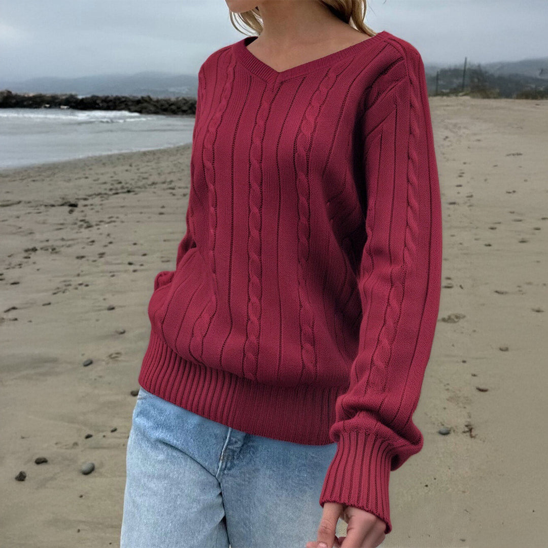 Damen nan feiner Strukturstrick-Pullover mit V‑Neck, Zopfmuster und geripptem Saum Shop Nory