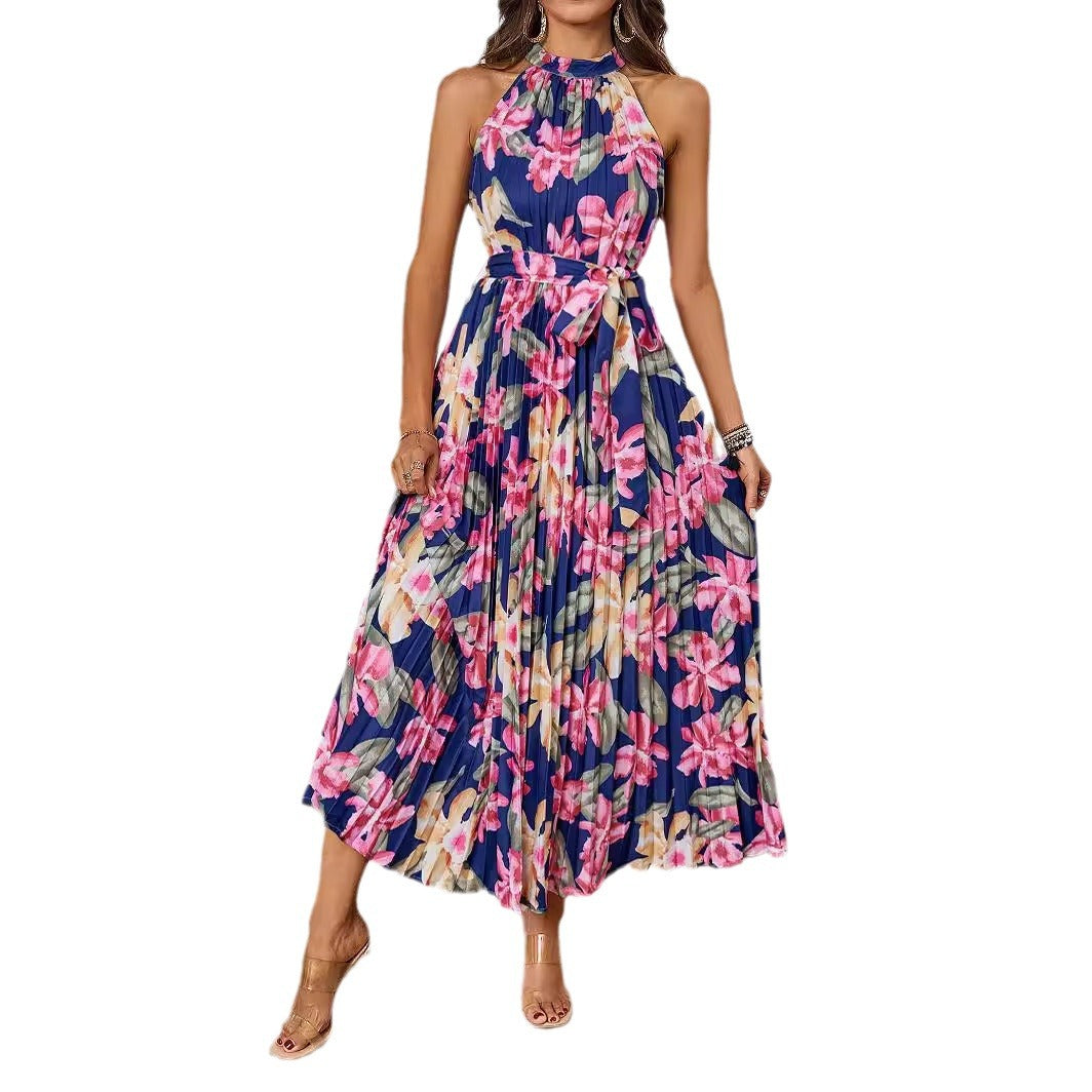 Damen Maxikleid mit detaillierter Plisseeverarbeitung und schickem Bindegürtel