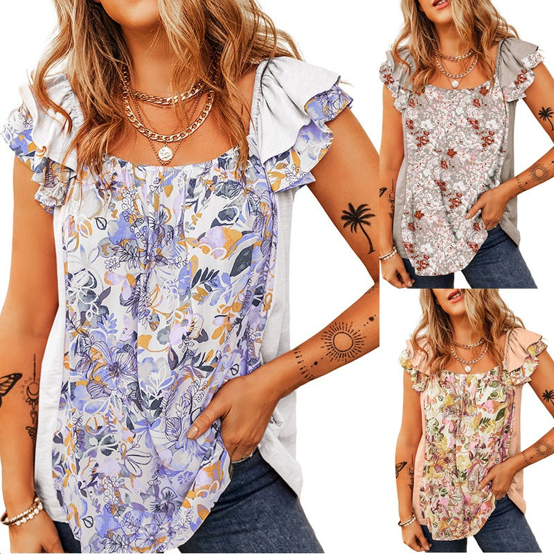 Damen Ärmelloses Blumen-Print Top mit Rüschenschultern und lockerem Fall Shop Nory