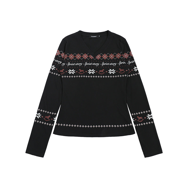 Damen Langarmshirt mit V-Ausschnitt und skandinavischem Norwegerprint aus Baumwollmix Shop Nory