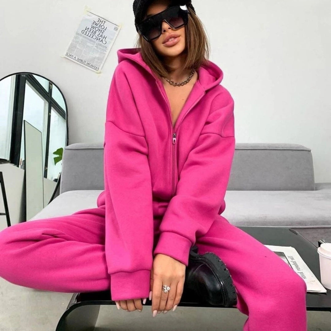 Damen komfortabler Oversize-Zweiteiler Jogginganzug mit Kapuzenhalbzip, elastischem Highwaist-Bund und Kängurutaschen Shop Nory
