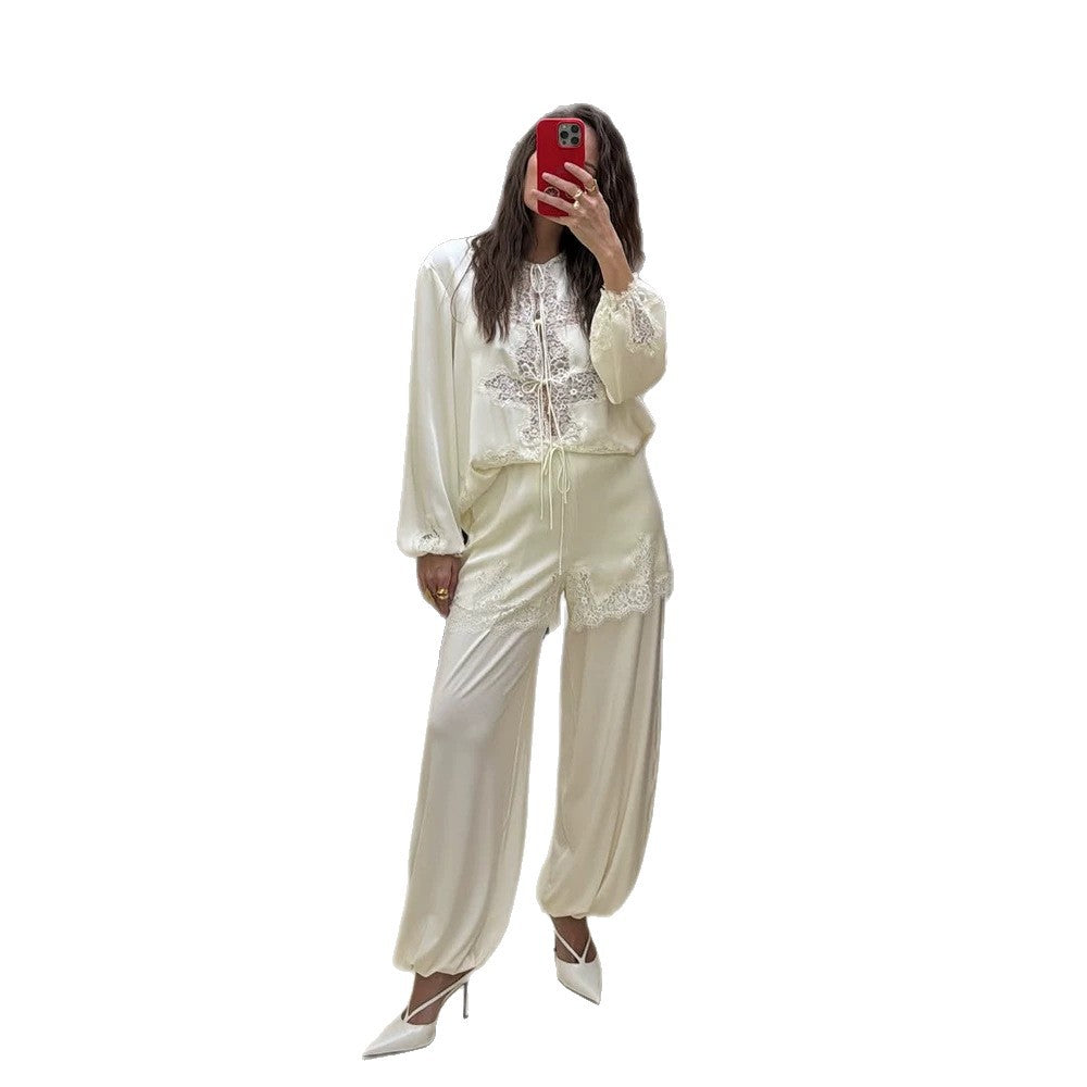 Damen Satin-Loungewear-Set mit Spitzenbesatz, Tunnelzugtop und ballonierten Palazzahosen Shop Nory
