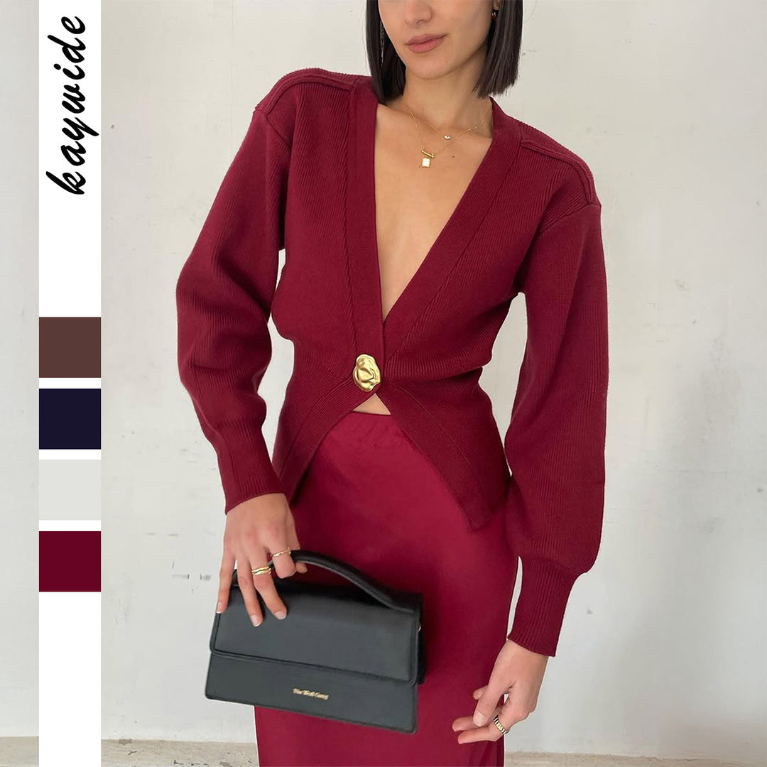 Damen nan taillierter Kurzcardigan mit tiefem V-Ausschnitt und dekorativem Zierknopf Shop Nory