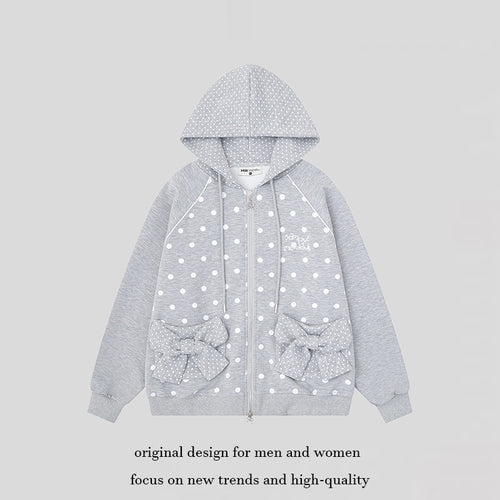Damen Gepunktete Zip-Kapuzenjacke mit Schleifen-Taschen und Raglanärmeln Shop Nory