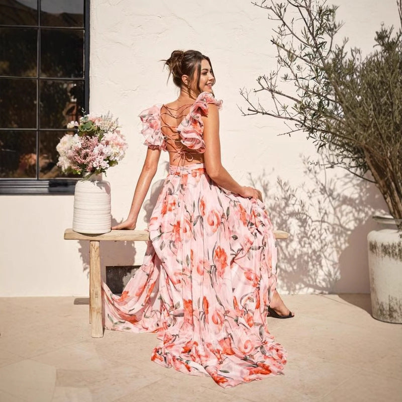 Damen Maxi-Kleid mit floralen Rüschen und schwingendem Design