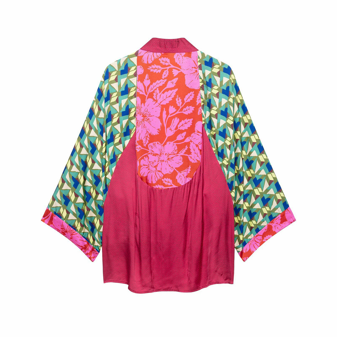 Damen Gemusterter Seiden-Kimono mit Bindegürtel und weitem Fledermausärmel Shop Nory