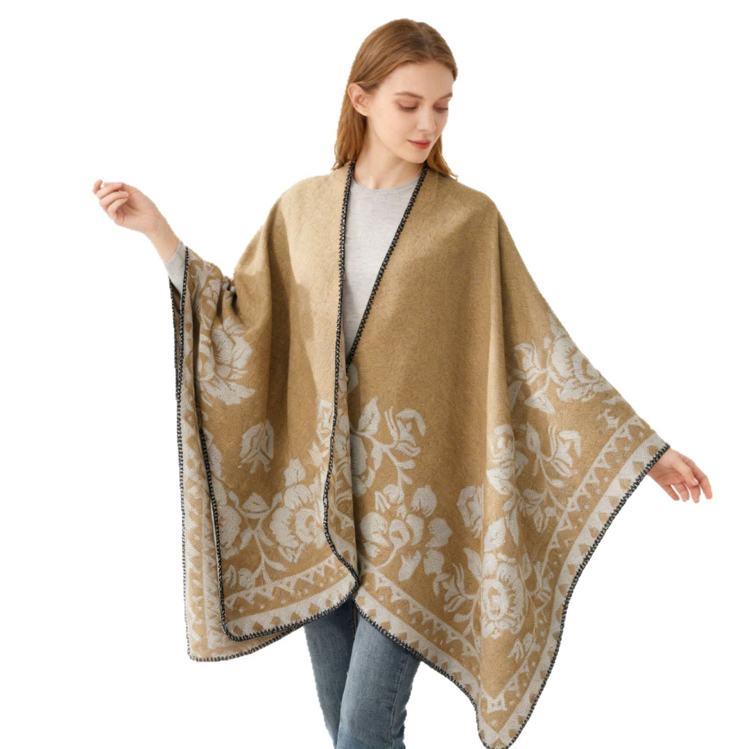Damen Weicher Oversize-Capeponcho im Blumen-Jacquard mit kontrastierter Kettelkante Shop Nory