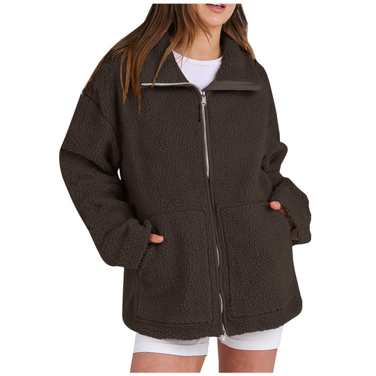 Damen nan oversized Teddyfelljacke mit Stehkragen Reißverschluss und aufgesetzten Taschen Shop Nory