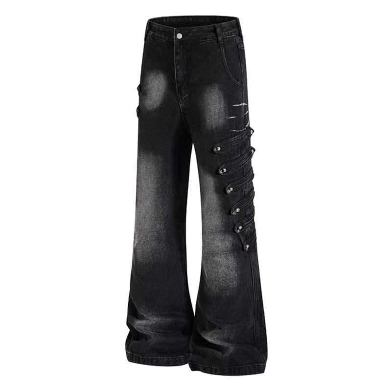 Damen Weite Jeanshose mit Used‑Effekt und seitlichen Zierknopfleisten Shop Nory