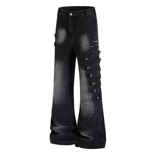 Damen Weite Jeanshose mit Used‑Effekt und seitlichen Zierknopfleisten Shop Nory