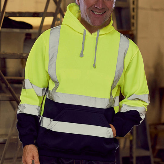 Herren reflektierende Sicherheits-Hoodie mit kontrastreichen Reflektorbändern, Kängurutasche und verstellbarer Kapuze Shop Nory