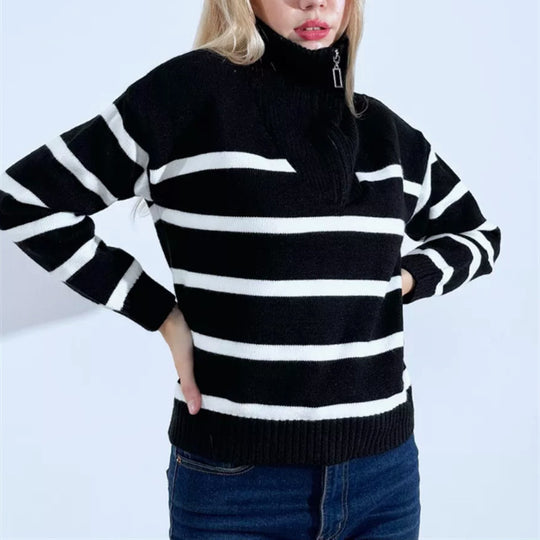 Damen Gestreifter Strickpullover mit kurzem Reißverschluss und Polokragen Shop Nory