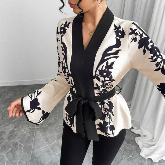 Damen Kimono-Bluse mit floralem Druck, V-Ausschnitt und Taillenbindegürtel Shop Nory